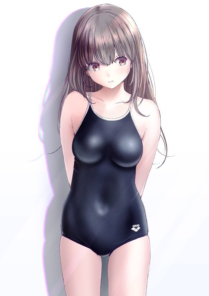 Anime picture 1447x2046 with original chikuwa (odennabe) single long hair tall image fringe breasts light erotic simple background hair between eyes brown hair standing white background brown eyes looking away shadow covered navel hands behind back girl swimsuit
