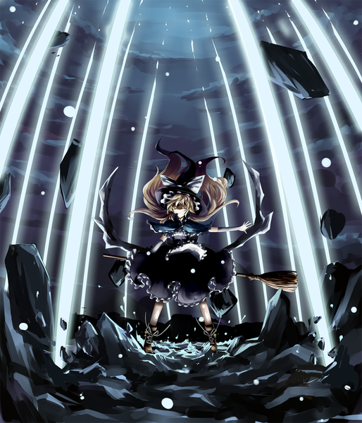 Anime picture 1000x1167 with touhou kirisame marisa vetina single long hair tall image looking at viewer fringe blonde hair hair between eyes standing yellow eyes full body outstretched arm shaded face girl gloves hat black gloves elbow gloves