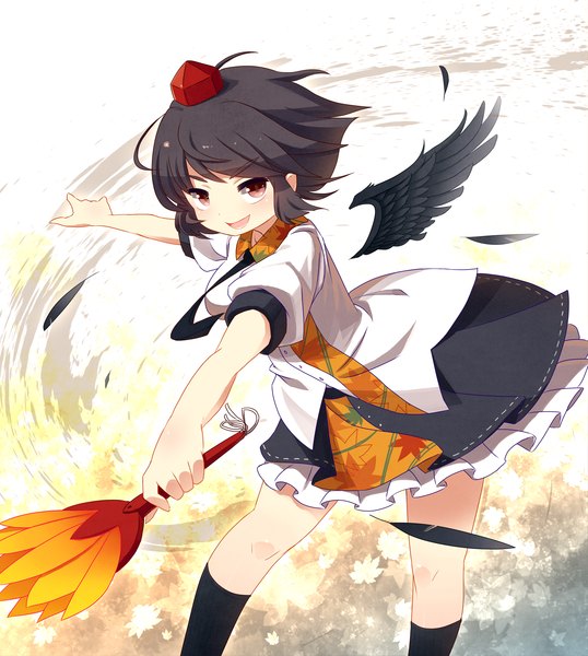 Anime picture 1500x1674 with touhou shameimaru aya blueberry (5959) single tall image looking at viewer short hair open mouth black hair smile red eyes black wings girl dress shirt wings socks necktie black socks feather (feathers)