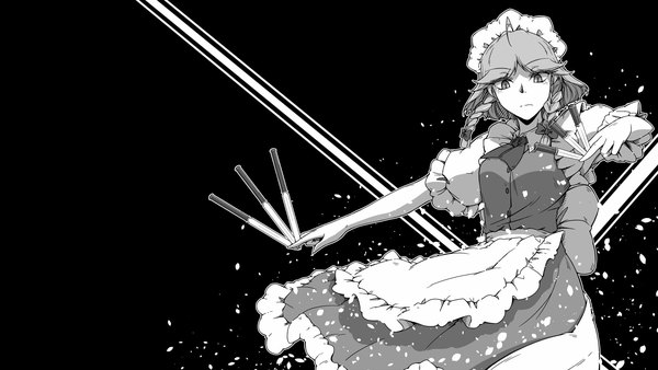 Anime picture 1920x1080 with touhou izayoi sakuya sunatoshi single looking at viewer highres short hair wide image holding braid (braids) short sleeves wallpaper puffy sleeves twin braids black background monochrome side braid outline girl bow