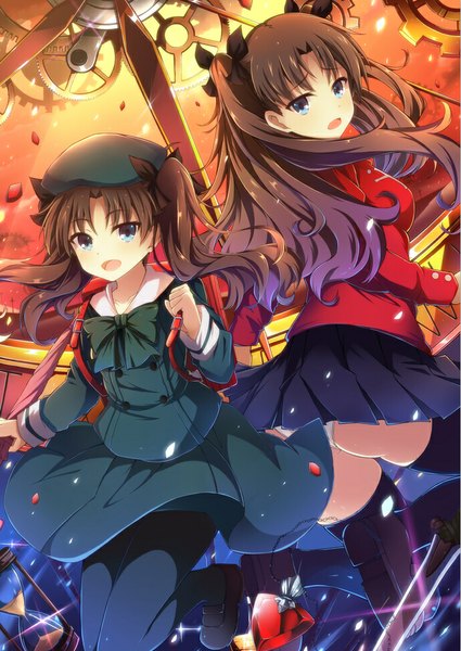 Anime picture 690x973 with fate (series) fate/stay night fate/zero type-moon toosaka rin jianren long hair tall image blush open mouth blue eyes light erotic smile brown hair twintails multiple girls pleated skirt looking back sunlight pantyshot