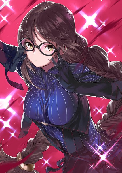 Anime picture 800x1131 with fate (series) fate/grand order yu mei-ren (fate) ohland single tall image looking at viewer fringe breasts simple background hair between eyes brown hair yellow eyes upper body braid (braids) very long hair arm up sparkle leaning dutch angle
