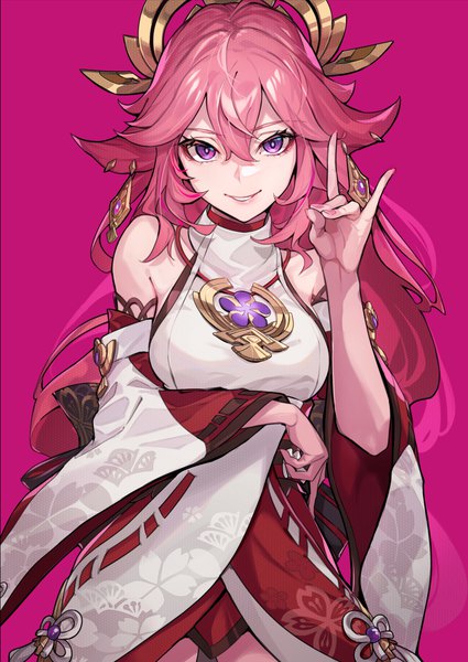 Anime picture 920x1300 with genshin impact yae miko pokimari single long hair tall image looking at viewer fringe smile hair between eyes standing purple eyes bare shoulders animal ears pink hair traditional clothes parted lips japanese clothes arm up wide sleeves