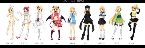 Anime picture 2991x1000 with project diva vocaloid kagamine rin tamura hiro long hair highres short hair blonde hair smile wide image white background twintails pink hair ahoge japanese clothes one eye closed barefoot aqua eyes wink hand on hip