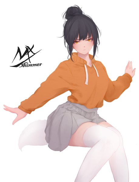 Anime picture 1742x2280 with original shimmer single tall image looking at viewer blush fringe highres short hair breasts black hair simple background white background sitting signed payot blunt bangs long sleeves pleated skirt hair bun (hair buns)