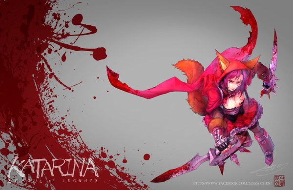 Anime picture 3000x1953 with league of legends katarina (league of legends) loiza single long hair looking at viewer highres breasts simple background animal ears yellow eyes pink hair purple hair tail animal tail grey background fox ears fox tail fox girl eyebrows