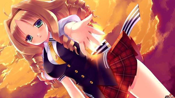 Anime picture 1280x720 with gangsta alcadia koga yutori miyasu risa long hair blush brown hair wide image green eyes game cg cloud (clouds) drill hair girl skirt uniform school uniform hairband