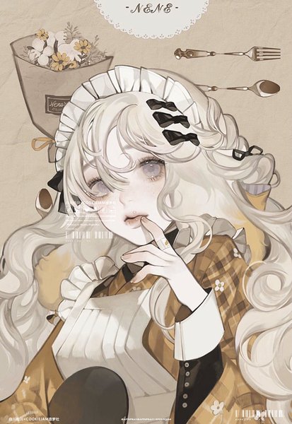 Anime picture 706x1024 with original iotaectoplasm single long hair tall image looking at viewer fringe simple background hair between eyes holding silver hair upper body traditional clothes japanese clothes wide sleeves grey eyes floral print finger to mouth wavy hair brown background