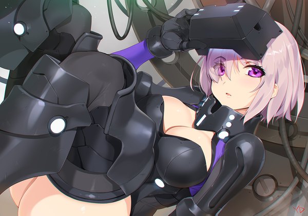 Anime picture 1200x845 with fate (series) fate/grand order mash kyrielight yd (orange maru) single looking at viewer fringe short hair breasts open mouth light erotic large breasts purple eyes holding pink hair cleavage bent knee (knees) hair over one eye girl thighhighs