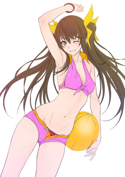 Anime picture 1000x1414 with infinite stratos 8bit fang linyin zucchini single long hair tall image looking at viewer blush fringe light erotic smile brown hair standing white background twintails holding green eyes one eye closed arm up