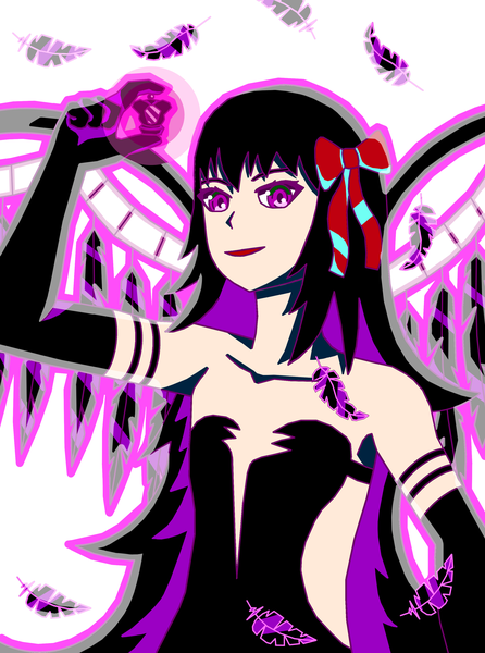 Anime picture 2481x3335 with mahou shoujo madoka magica shaft (studio) akemi homura akuma homura fenno7 single long hair tall image looking at viewer fringe highres open mouth black hair simple background smile white background purple eyes bare shoulders holding upper body