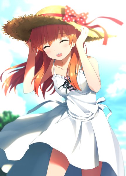 Anime picture 625x870 with gekkan shoujo nozaki-kun doga kobo sakura chiyo haribote (tarao) single long hair tall image blush sky eyes closed wind orange hair happy girl dress bow hat white dress sundress straw hat