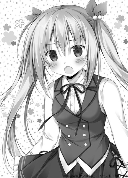 Anime picture 721x1000 with hyouken no majutsushi ga sekai wo suberu claris cleveland korie riko single long hair tall image blush fringe open mouth hair between eyes twintails payot looking away long sleeves official art :o monochrome floral background novel illustration girl