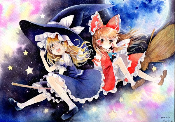 Anime picture 1500x1043 with touhou hakurei reimu kirisame marisa mosho long hair open mouth blonde hair brown hair multiple girls brown eyes signed yellow eyes looking away traditional clothes night flying miko witch traditional media watercolor (medium)