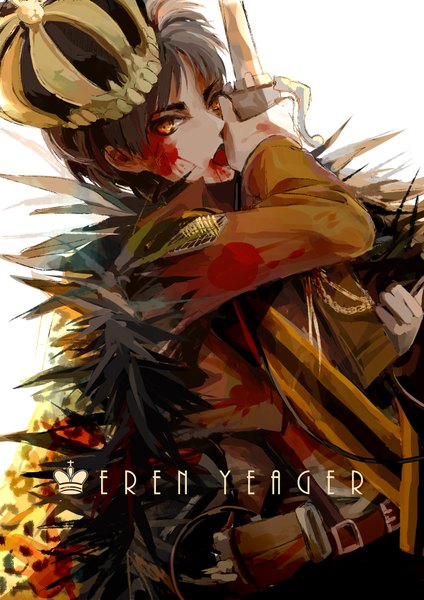 Anime picture 1240x1754 with shingeki no kyojin production i.g eren yaeger winni single tall image looking at viewer short hair brown hair yellow eyes character names military boy uniform weapon blood military uniform crown chess blade