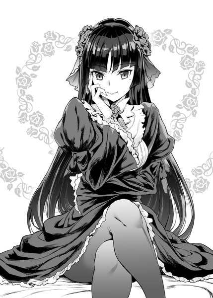 Anime picture 715x1000 with ore no imouto ga konna ni kawaii wake ga nai gokou ruri mushi024 single long hair tall image looking at viewer fringe white background sitting blunt bangs mole wide sleeves puffy sleeves mole under eye crossed legs monochrome crossed arms hand on face floral background