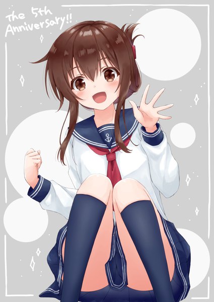Anime picture 688x971 with kantai collection inazuma destroyer hoshino kagari single long hair tall image looking at viewer blush fringe open mouth brown hair sitting brown eyes payot head tilt :d grey background border waving folded ponytail