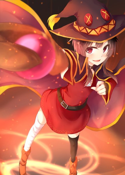 Anime picture 622x870 with kono subarashii sekai ni shukufuku wo! studio deen megumin ram hachimin single long hair tall image blush open mouth smile red eyes brown hair standing holding payot looking away from above wide sleeves outstretched arm close-up