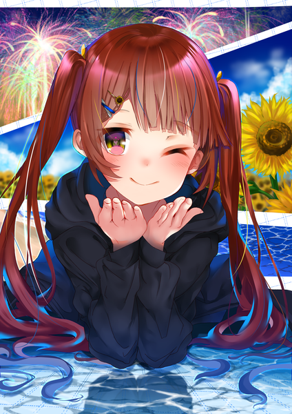 Anime picture 2894x4093 with original edamame (momonga0308) single long hair tall image looking at viewer blush fringe highres smile brown hair twintails yellow eyes sky cloud (clouds) upper body one eye closed wink beach symbol-shaped pupils