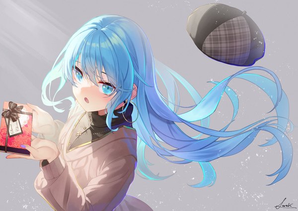 Anime picture 1754x1240 with original saraki single long hair fringe highres open mouth blue eyes simple background hair between eyes signed blue hair nail polish wind grey background :o valentine hat removed headwear removed blue nail polish