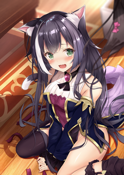 Anime picture 2508x3541 with princess connect! re:dive princess connect! karyl (princess connect!) rumiko (rmeco) single tall image looking at viewer blush fringe highres breasts open mouth light erotic black hair hair between eyes sitting green eyes animal ears indoors tail