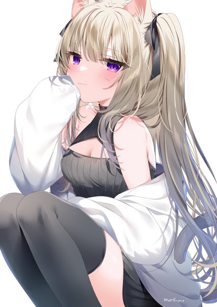 Anime picture 1254x1770 with original mafuyu (chibi21) single long hair tall image looking at viewer blush fringe simple background blonde hair smile white background purple eyes bare shoulders signed animal ears cleavage bent knee (knees) tail blunt bangs
