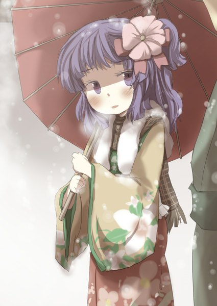 Anime picture 1050x1482 with touhou hieda no akyuu ryuu no nakigoe long hair tall image blush open mouth purple eyes purple hair traditional clothes japanese clothes hair flower snowing winter snow exhalation girl hair ornament flower (flowers) kimono