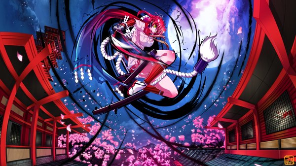 Anime picture 1920x1080 with hyakka ryouran samurai girls arms corporation yagyuu juubei (hyakka ryouran) isshi single long hair highres open mouth light erotic wide image yellow eyes pink hair cloud (clouds) traditional clothes from below night sky cherry blossoms flying girl weapon