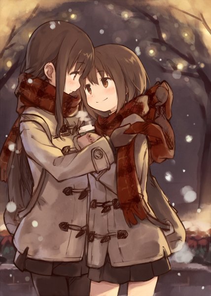 Anime picture 857x1200 with original kyuri long hair tall image blush fringe short hair brown hair standing multiple girls brown eyes outdoors head tilt light smile couple hug snowing snow shoujo ai face to face