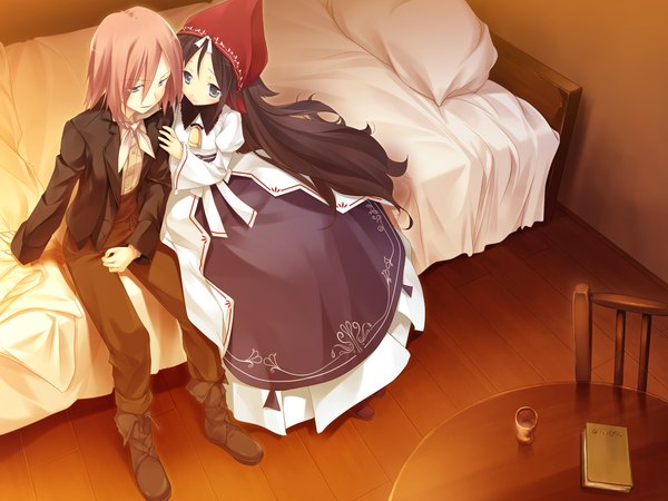 Anime picture 2048x1536 with vanitas no hitsuji (game) claude baton fue (tsuzuku) long hair highres short hair blue eyes black hair brown hair game cg couple girl boy bed