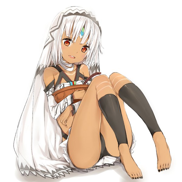 Anime picture 1000x1000 with fate (series) fate/grand order altera (fate) silver (chenwen) single looking at viewer short hair open mouth light erotic simple background red eyes white background sitting bare shoulders full body white hair nail polish head tilt :d barefoot