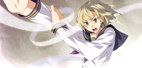 Anime picture 2250x1080 with soushuu senshinkan gakuen hachimyoujin manase akira g yuusuke single highres short hair open mouth blonde hair wide image brown eyes game cg girl uniform school uniform