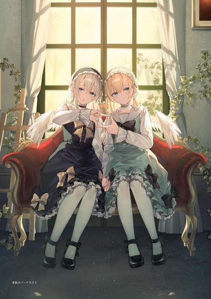 Anime picture 1358x1920 with original ciel (toosaka asagi) noele (toosaka asagi) toosaka asagi long hair tall image looking at viewer fringe open mouth blue eyes blonde hair hair between eyes sitting multiple girls silver hair full body indoors long sleeves scan hieroglyph