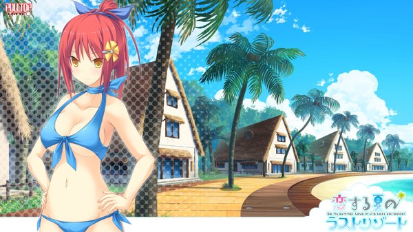 Anime picture 1920x1080 with koisuru natsu no last resort tagme (character) tagme (artist) single long hair looking at viewer blush highres breasts light erotic smile wide image large breasts bare shoulders yellow eyes game cg red hair bare belly hands on hips girl