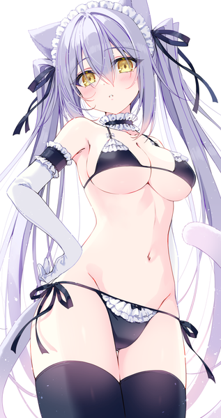 Anime picture 1082x2047 with original nikyuppa single long hair tall image looking at viewer blush fringe breasts light erotic simple background hair between eyes large breasts standing white background twintails animal ears yellow eyes payot silver hair