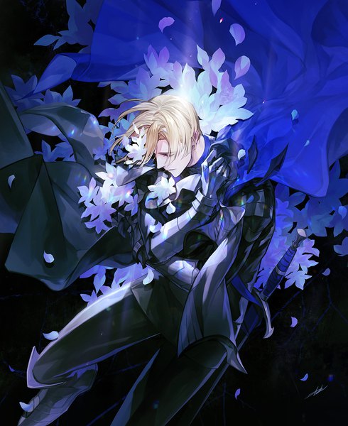 Anime picture 1200x1469 with fire emblem fire emblem: three houses nintendo dimitri alexandre blaiddyd danhu single tall image short hair blonde hair signed bent knee (knees) eyes closed sheathed boy uniform flower (flowers) weapon petals sword armor