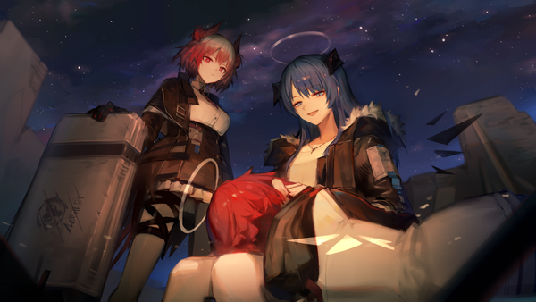 Anime picture 1500x844 with arknights exusiai (arknights) mostima (arknights) fiammetta (arknights) huanxiang heitu long hair short hair blue eyes red eyes wide image standing sitting multiple girls blue hair outdoors red hair horn (horns) official art from below lap pillow