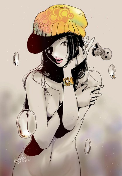 Anime picture 851x1225 with original kyan-dog (artist) single long hair tall image looking at viewer open mouth light erotic black hair bare shoulders bare belly grey eyes covering ghost covering breasts girl bracelet bubble (bubbles) flat cap