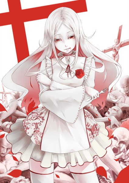 Anime picture 1413x2000 with original kizuka kanata long hair tall image open mouth white hair crossed arms pale skin :p girl thighhighs flower (flowers) petals white thighhighs tongue cross
