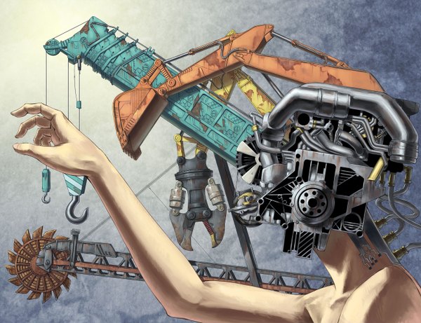 イラスト 2600x2000 と オリジナル mctr45 ソロ highres simple background outstretched arm mechanical abstract ambiguous gender 電線 machine crane