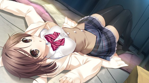 Anime picture 1280x720 with kiss ato takanashi madoka mikoto akemi single looking at viewer short hair open mouth brown hair wide image brown eyes game cg lying girl thighhighs skirt uniform black thighhighs school uniform