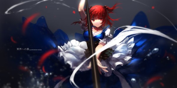 Anime picture 1595x797 with touhou onozuka komachi swd3e2 single long hair looking at viewer red eyes wide image red hair two side up girl dress hair ornament hair tie hair bobbles