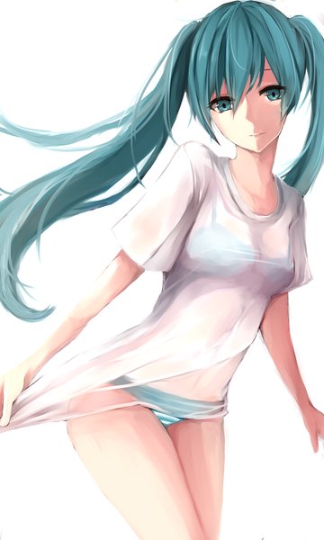 Anime picture 1200x2000 with vocaloid hatsune miku long hair tall image looking at viewer fringe breasts light erotic simple background standing white background twintails holding aqua eyes aqua hair alternate costume legs girl underwear panties