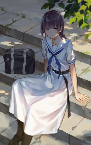 Anime picture 3173x5000 with saki hirose sumire bamboo nima single long hair tall image looking at viewer fringe highres blue eyes brown hair sitting absurdres bent knee (knees) outdoors blunt bangs arm support short sleeves girl shoes