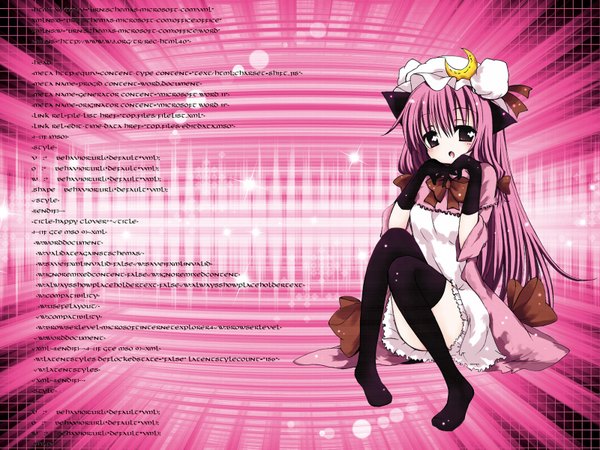 Anime picture 1600x1200 with touhou patchouli knowledge catbell blush animal ears cat girl pink background girl thighhighs code word-html