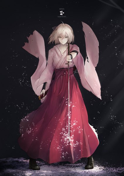 Anime picture 1447x2046 with fate (series) okita souji (fate) (all) okita souji (koha-ace) marumoru single tall image looking at viewer fringe short hair blonde hair hair between eyes standing holding signed yellow eyes full body traditional clothes japanese clothes wide sleeves logo