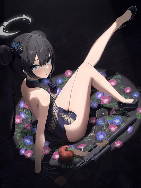 Anime picture 2625x3500 with blue archive kisaki (blue archive) hidulume single long hair tall image looking at viewer fringe highres blue eyes light erotic black hair simple background hair between eyes sitting full body from above bare legs hair bun (hair buns) high heels