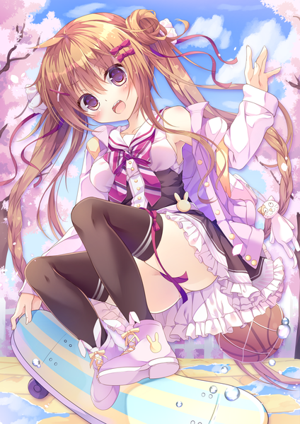 Anime picture 1000x1414 with original kinokomushi single long hair tall image looking at viewer blush open mouth light erotic smile brown hair twintails brown eyes sky cloud (clouds) full body bent knee (knees) outdoors pleated skirt hair bun (hair buns)