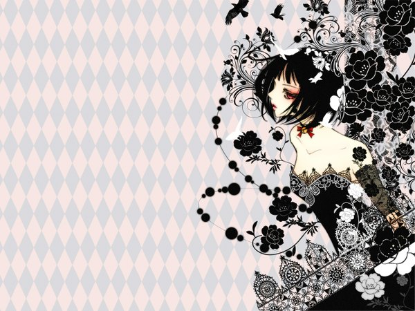 Anime picture 1320x990 with original sizh single short hair black hair red eyes bare shoulders profile pink eyes grey background pink background silhouette rhombus outline girl flower (flowers) choker bell jingle bell lace