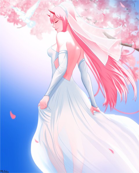 Anime picture 1120x1400 with darling in the franxx studio trigger zero two (darling in the franxx) mcdobo single long hair tall image fringe breasts smile standing signed pink hair eyes closed profile horn (horns) wind from behind blurry cherry blossoms